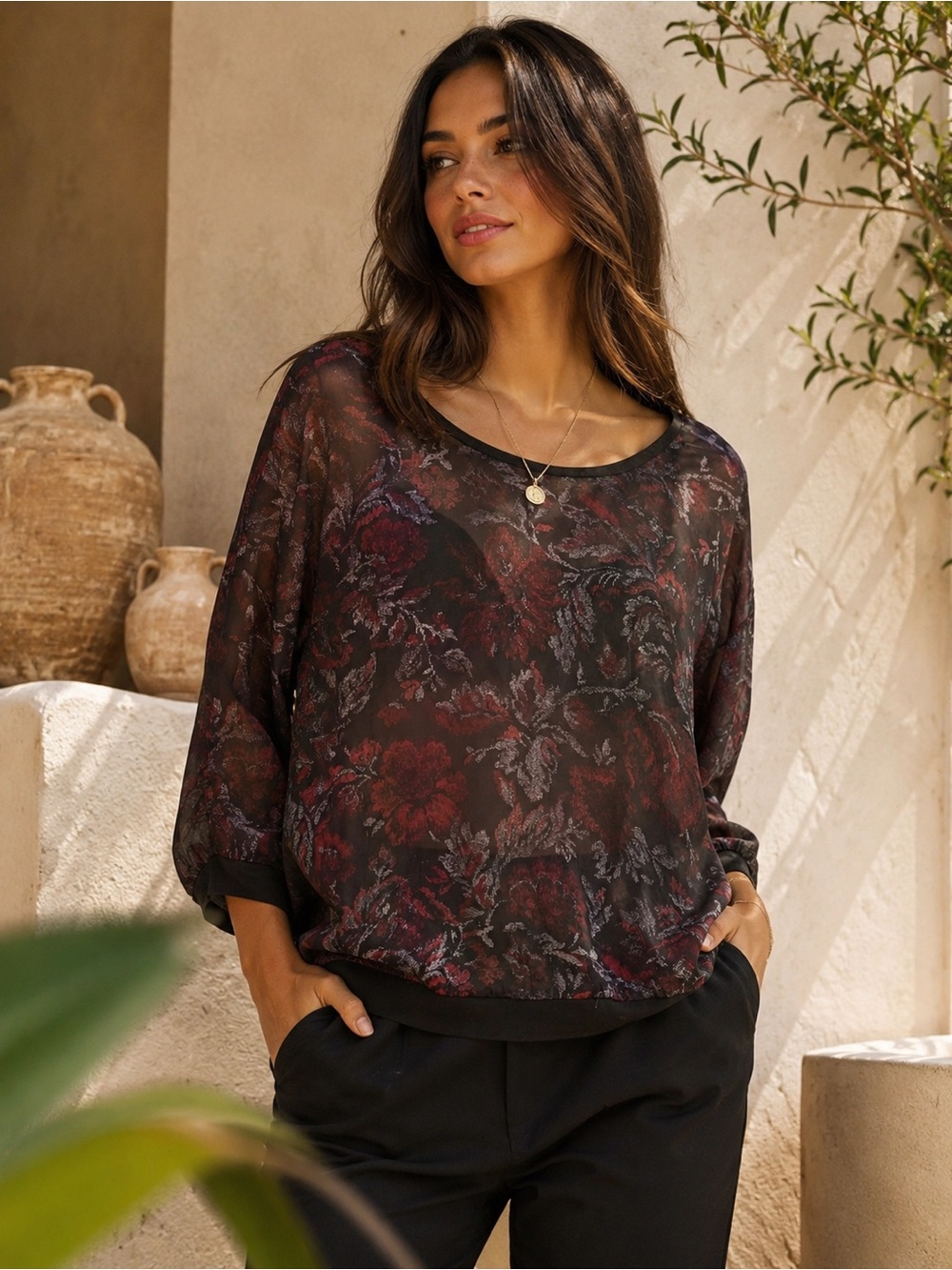 105. Love & Legend Sheer Floral Blouson Top in Black and Burgundy